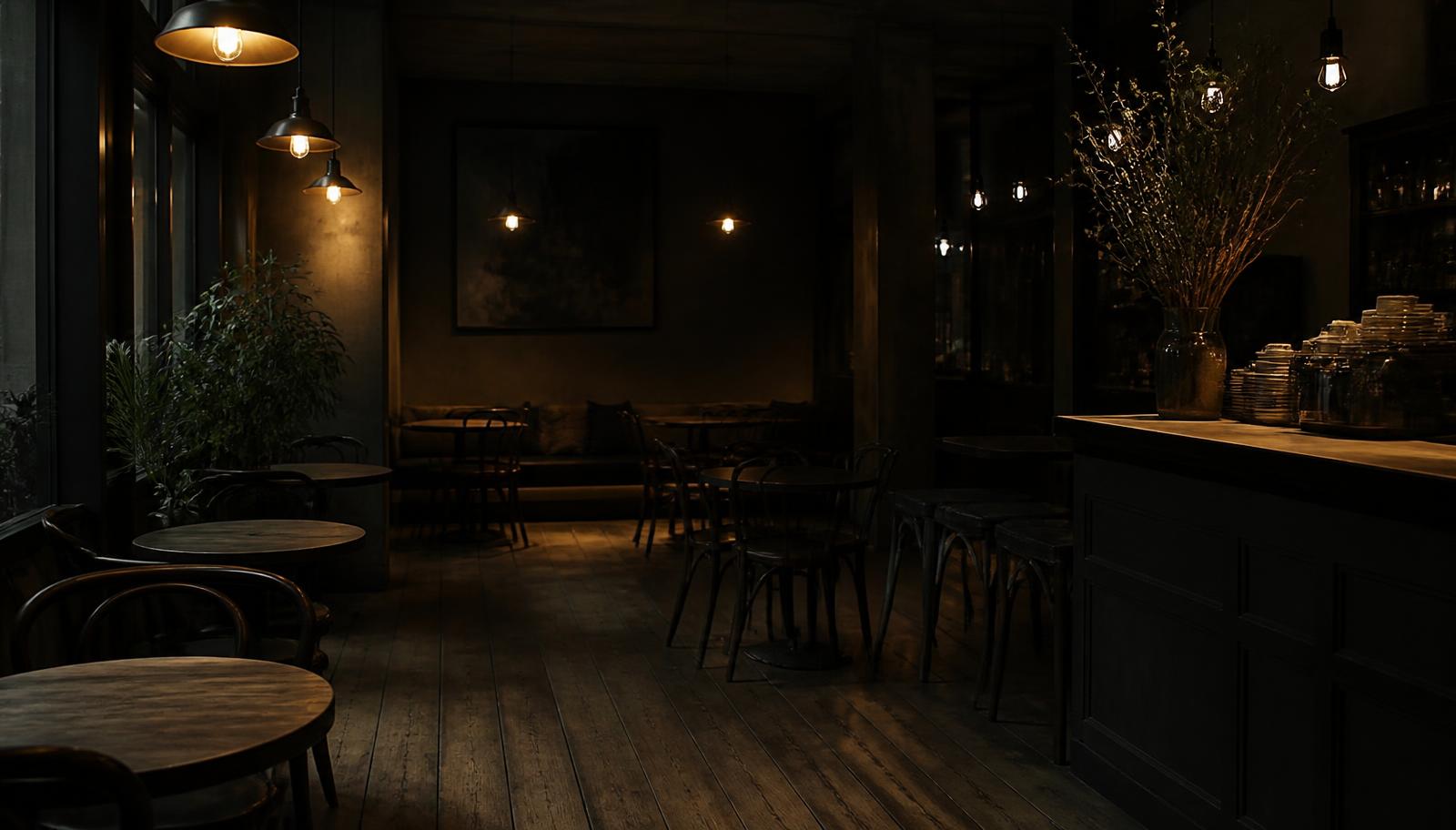 Quiet restaurant with empty tables at dusk