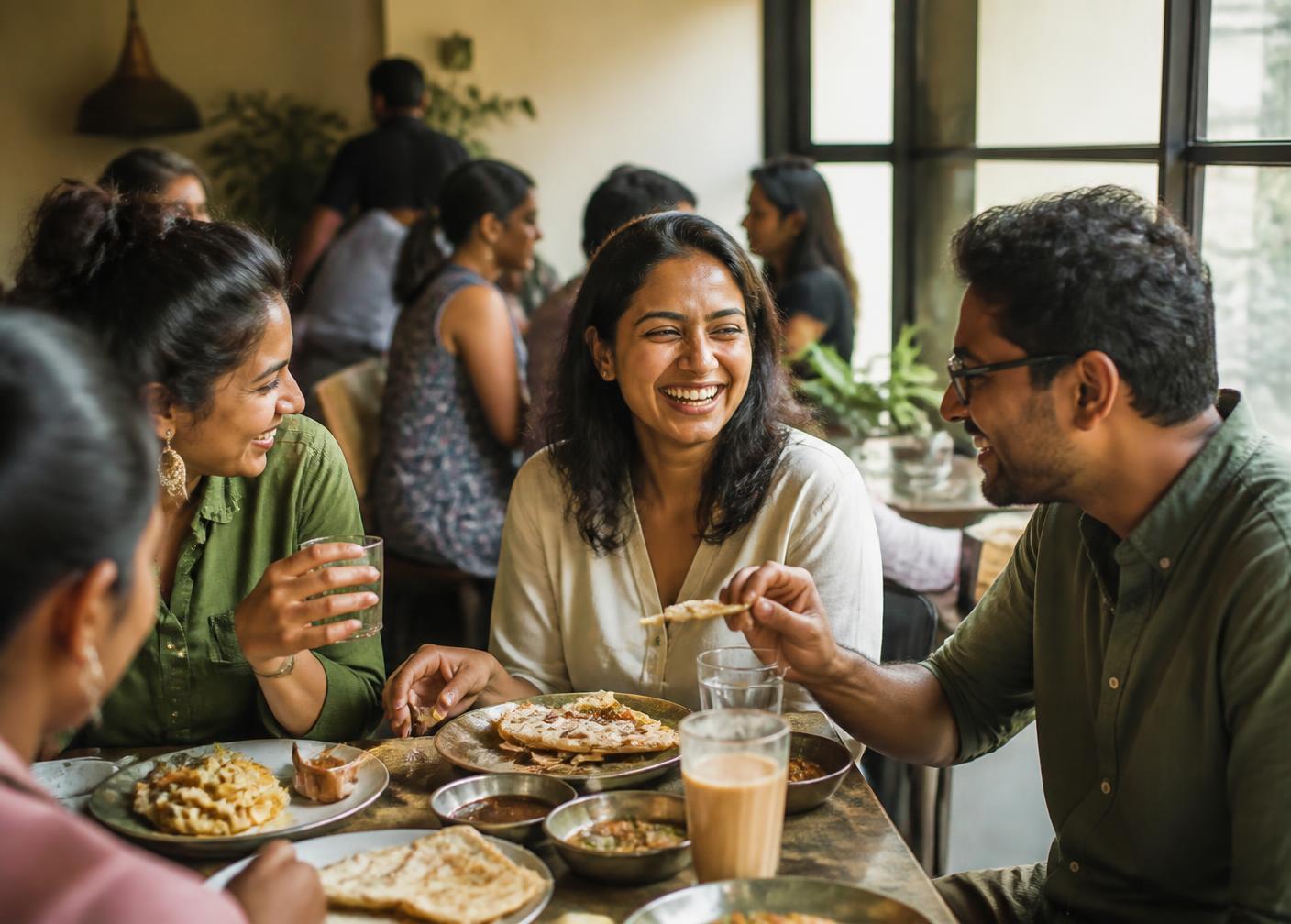 Friends laughing over a shared meal at a busy café